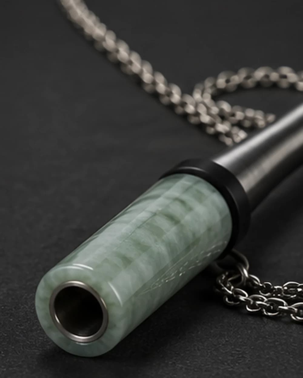 Detail of the titanium collar meeting stone on a NEPHRA mouthpiece